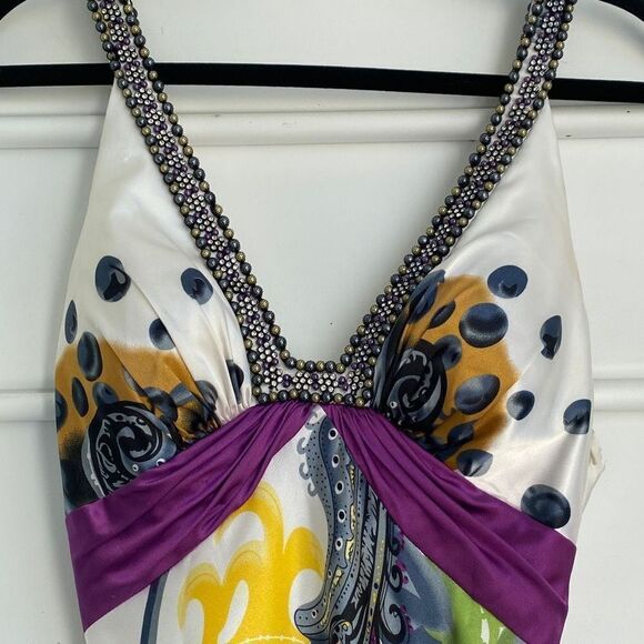 La Femme Prom Evening Full Length Colorful Beaded Plunging Open Back Stunning Ma - Picture 6 of 14